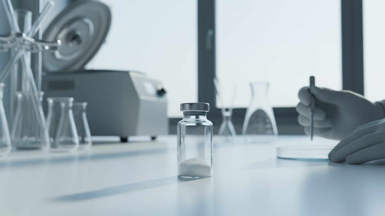 Illustration: A clear glass vial with white powder on a white bench, softly lit.
