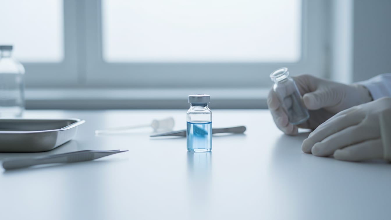 Illustration: A clear glass vial with pale blue liquid on a white lab bench, softly lit.