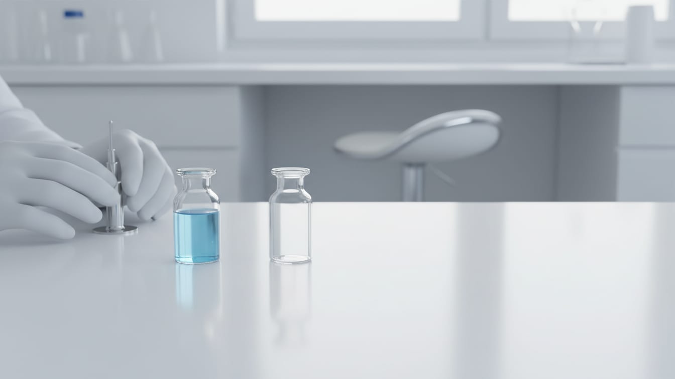 Illustration: Two clear glass vials, one with pale blue liquid and one empty, on a white lab bench.
