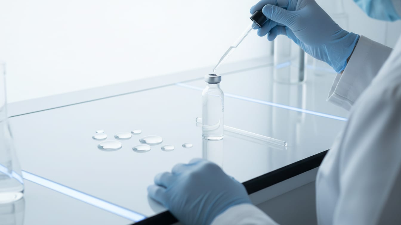 Illustration: A clear glass vial with measured drops of clear liquid and a stirring rod on a white lab bench.