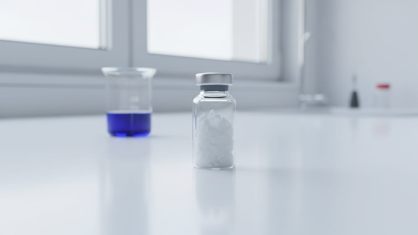 Illustration: A clear glass vial with white lyophilized powder on a white bench, with a blurred beaker of blue liquid.