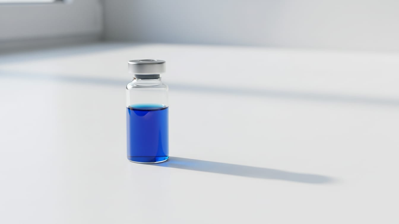 Illustration: A clear glass vial with blue liquid on a white surface, lit by soft natural light.