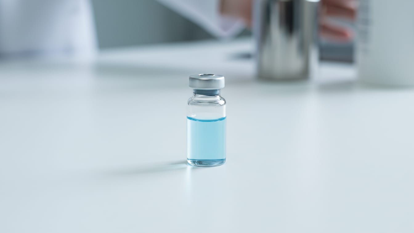 Illustration: A clear glass vial precisely half-filled with pale blue liquid on a white surface.