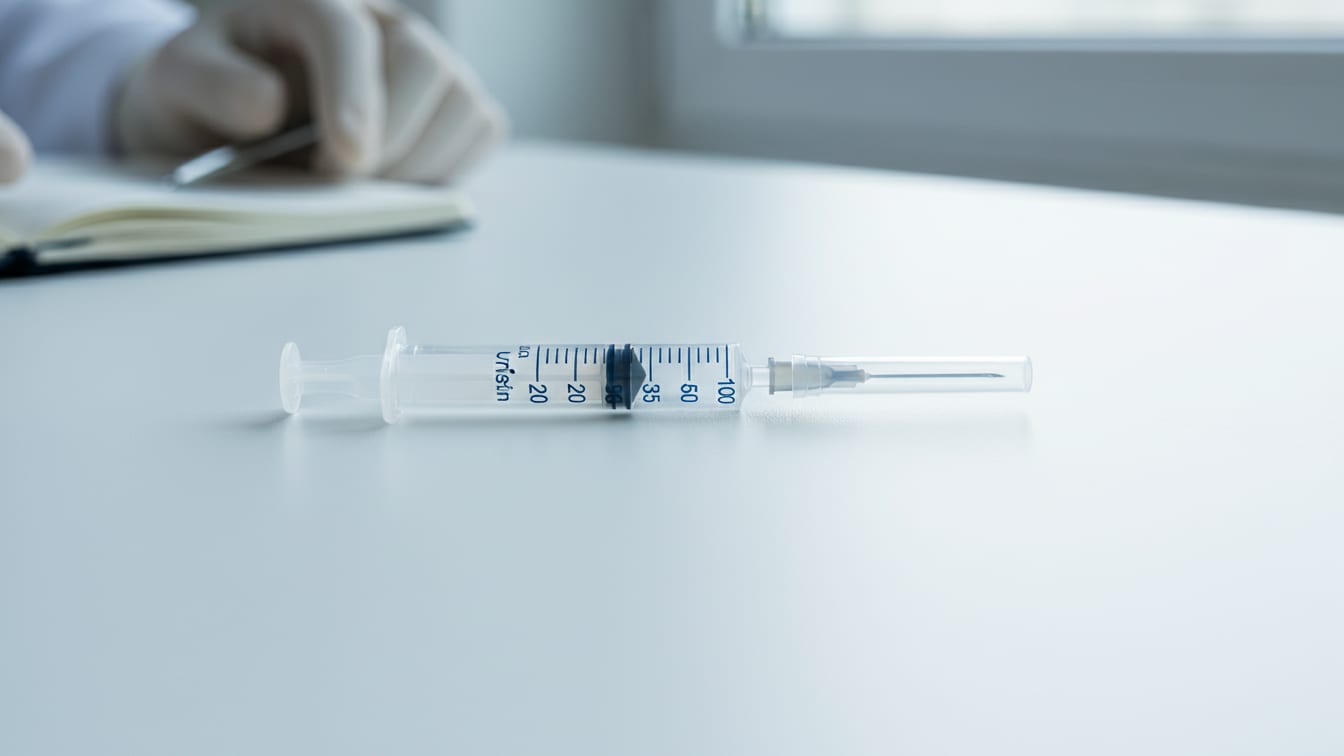 Illustration: An empty insulin syringe with fully depressed plunger on a white surface, graduations visible.