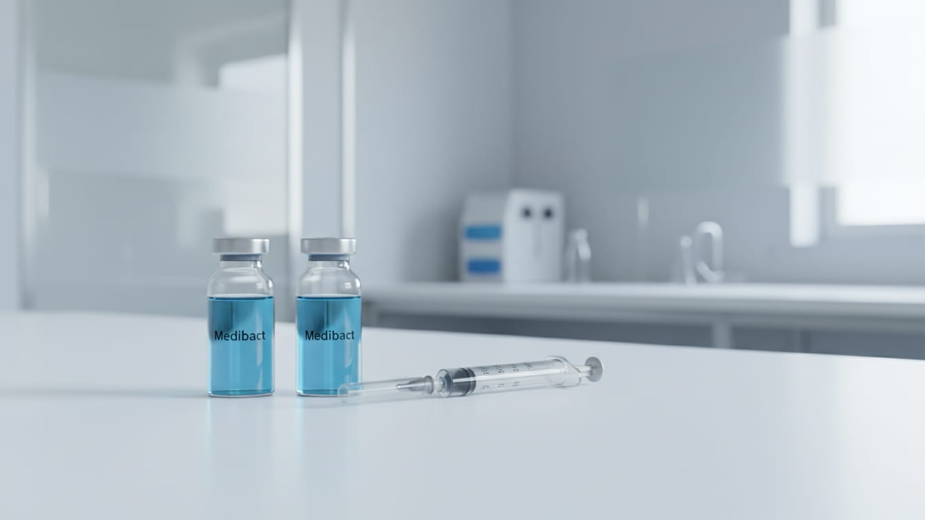 Illustration: Two glass vials with pale blue liquid flank an empty insulin syringe on a white surface.