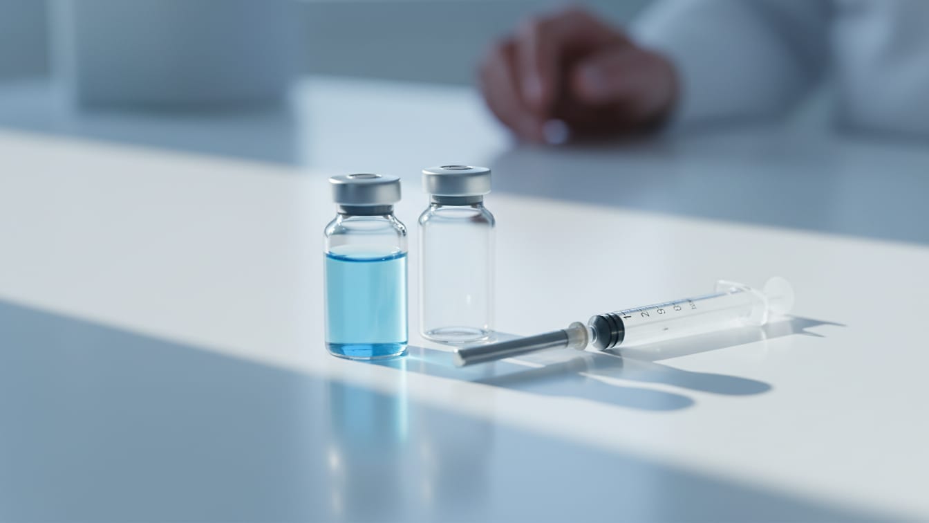 Illustration: A clear glass vial with pale blue liquid, an empty clear glass vial.