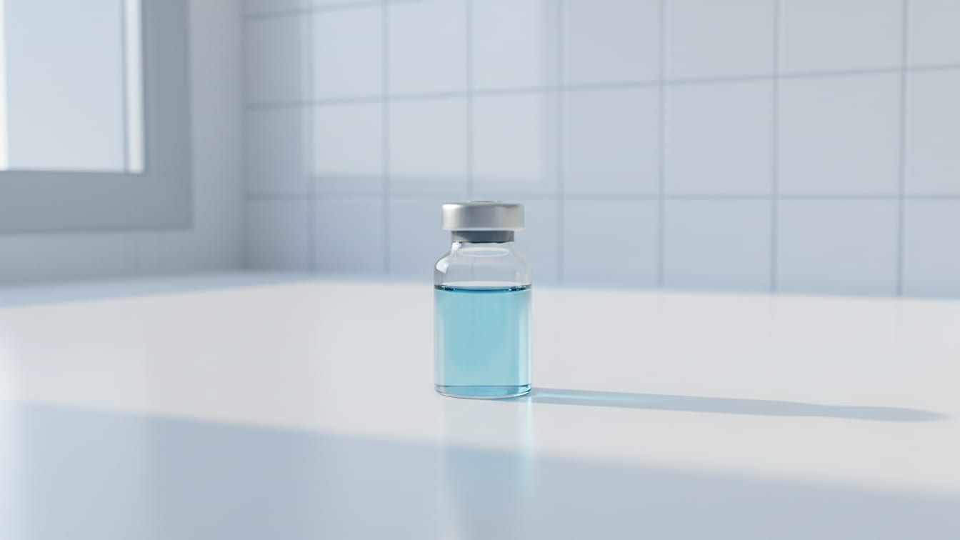 Illustration: A clear glass vial with pale blue liquid on a white lab bench, softly lit.