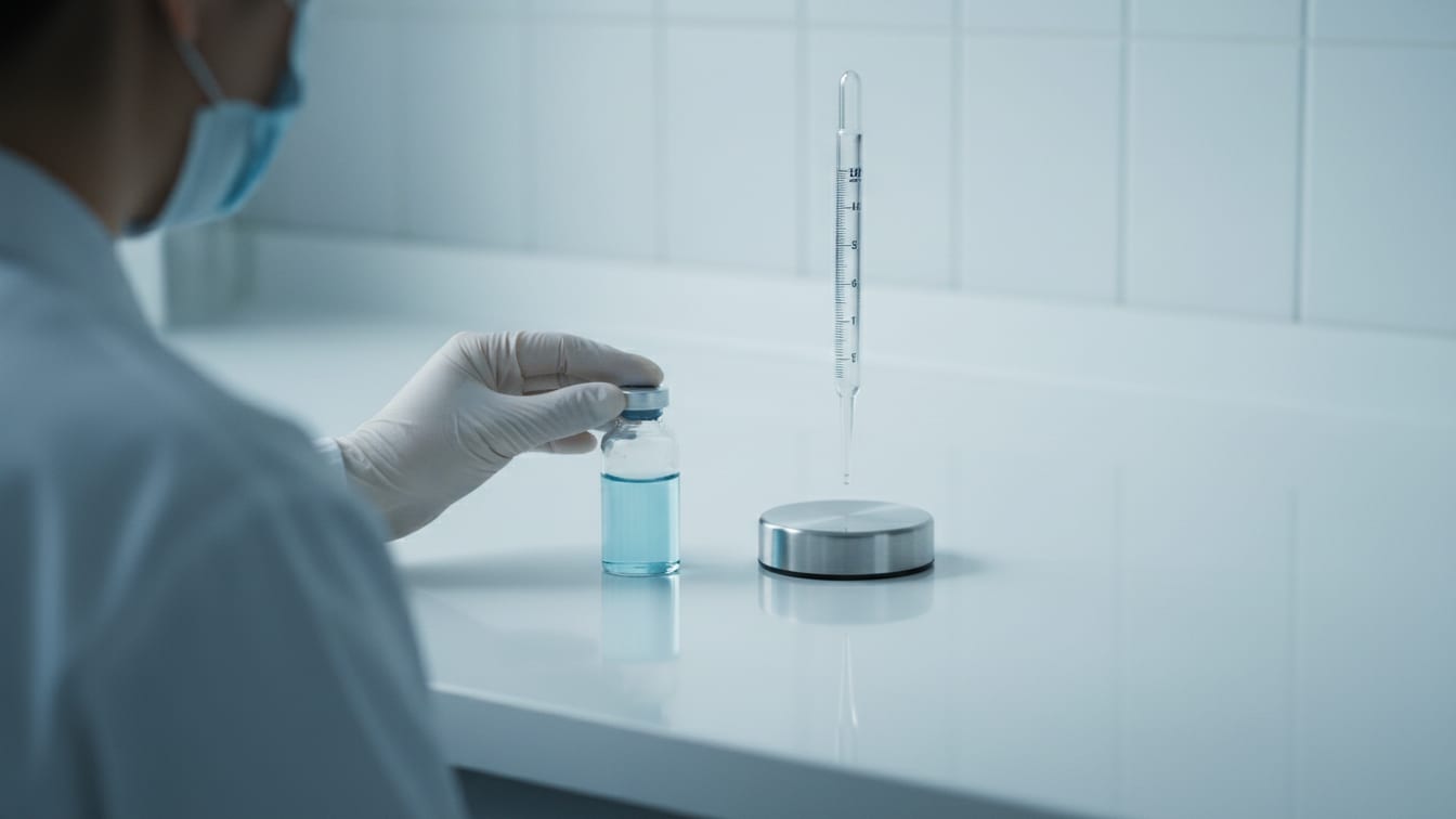 Illustration: A clear glass vial with pale blue liquid next to a pipette on a white lab bench.
