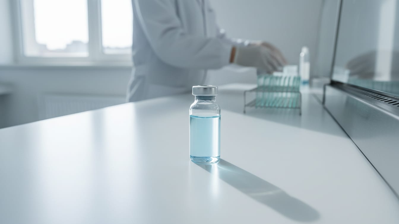 Illustration: A clear glass vial with pale blue liquid on a white lab bench, softly lit.