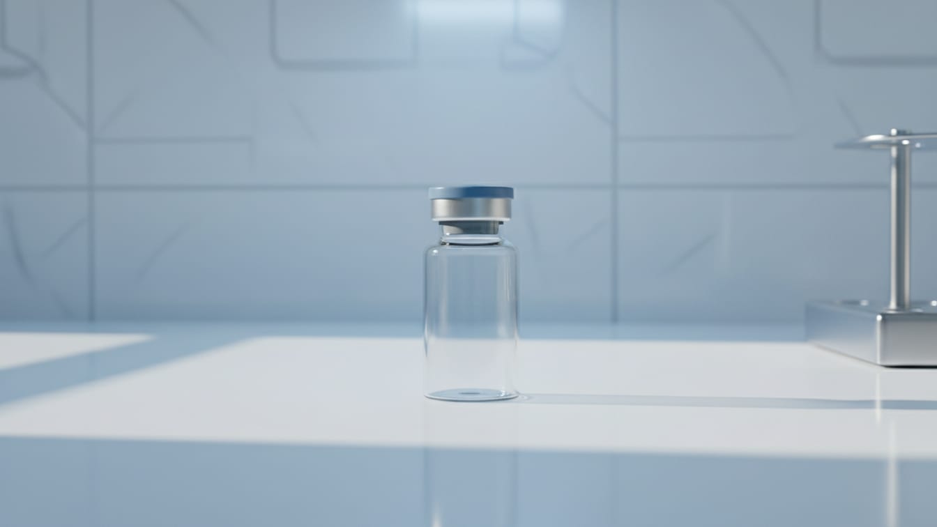 Illustration: An empty, clear glass pharmaceutical vial on a white lab bench, softly lit.