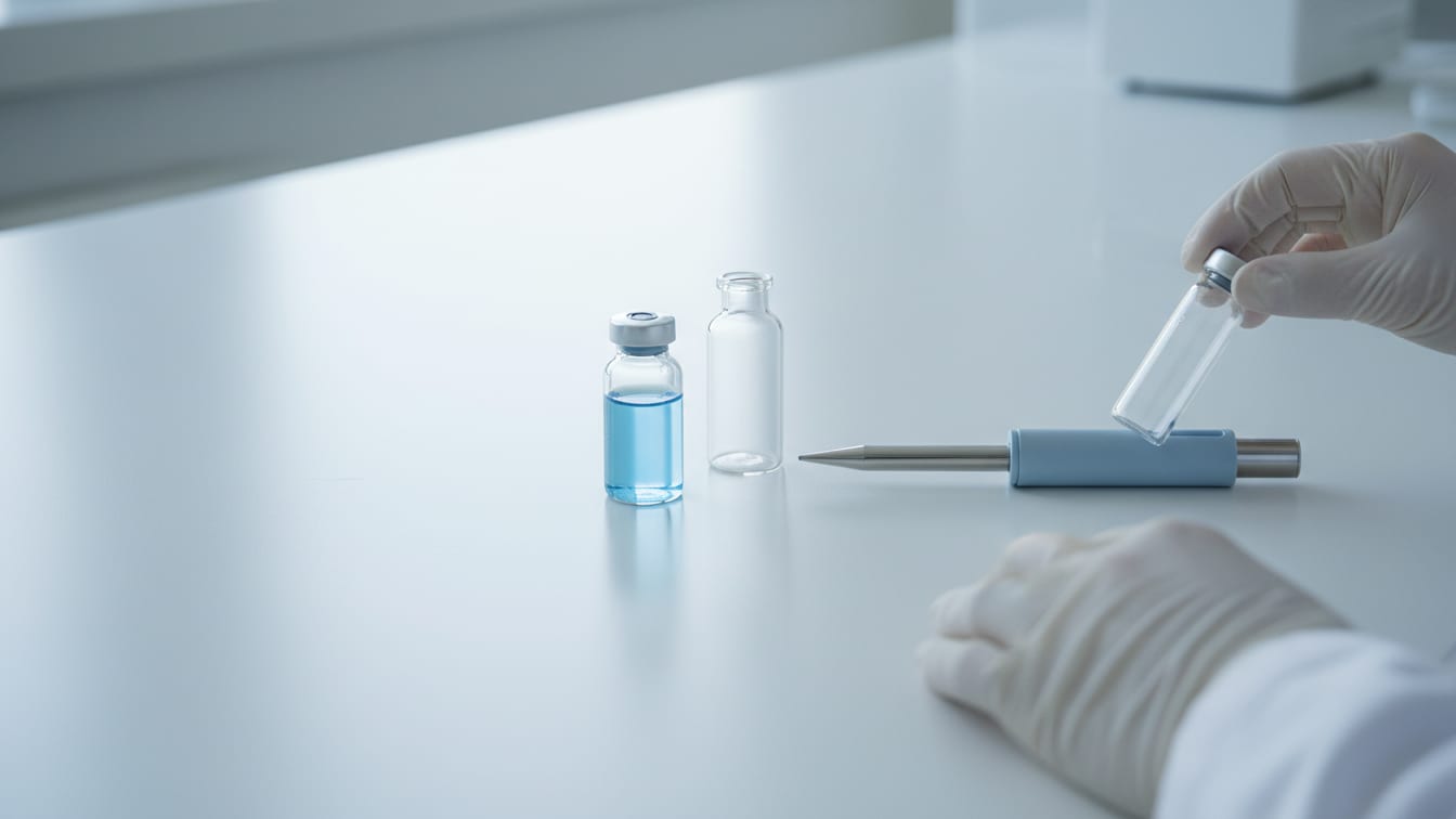 Illustration: A micro-pipette rests beside two clear glass vials, one with pale blue liquid, on a white lab bench.