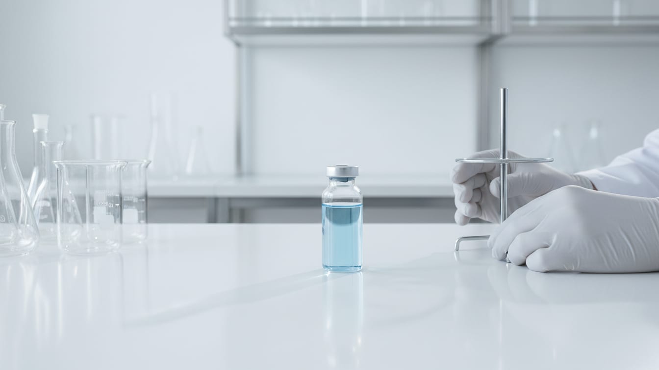 Illustration: A clear glass vial with pale blue liquid on a white lab bench, softly lit.