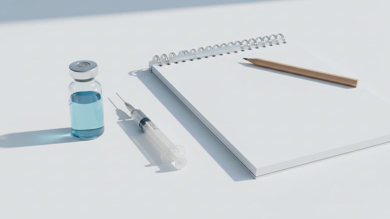 Illustration: A clear glass vial with pale blue liquid, an insulin syringe, a blank lab notebook.