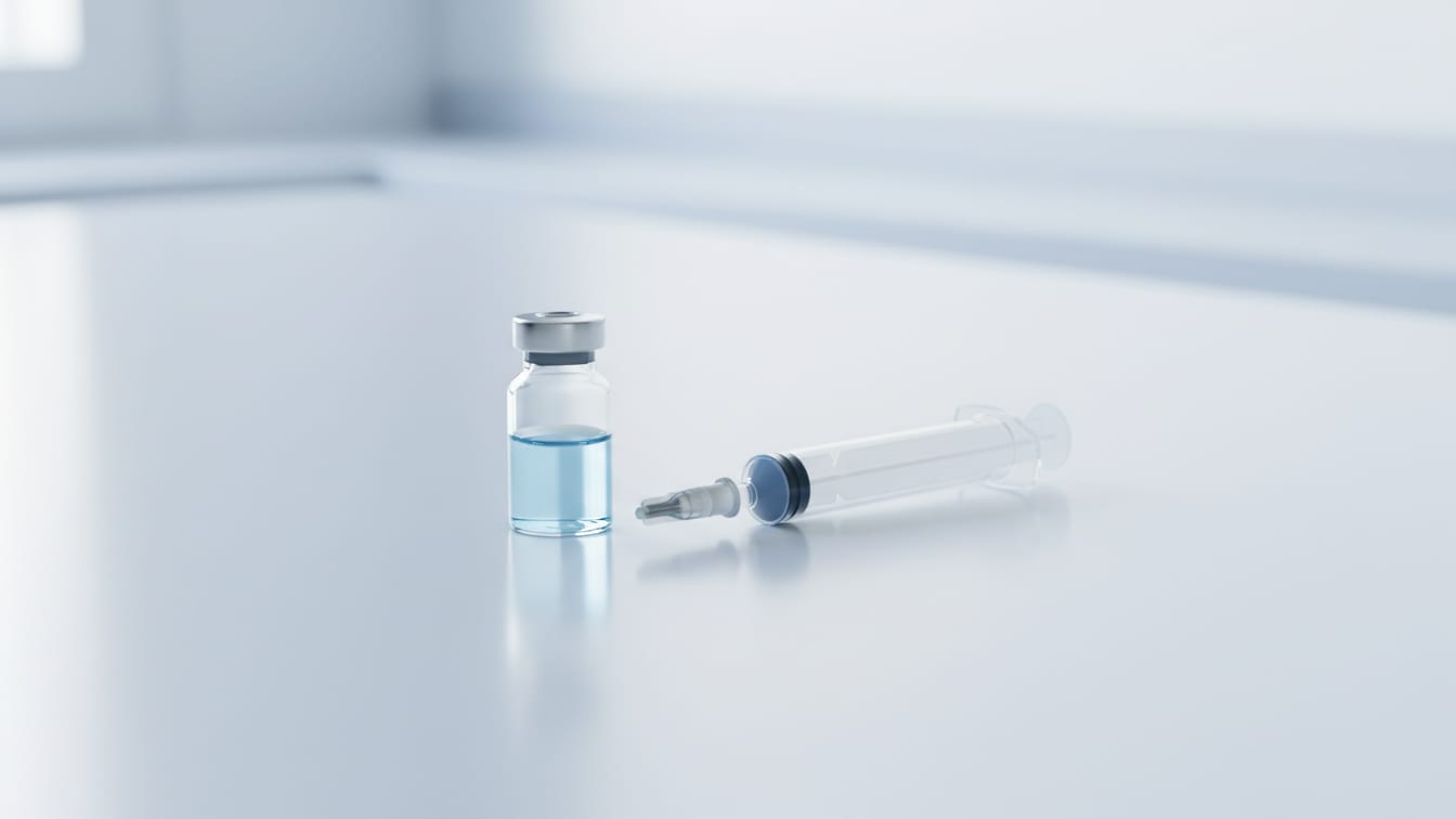 Illustration: A clear glass vial with pale blue liquid next to an empty syringe barrel on a white surface.