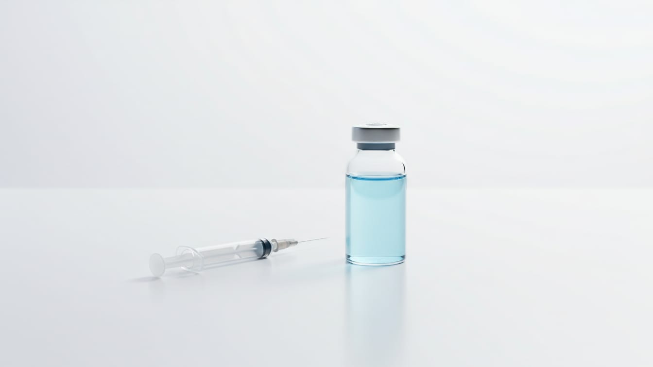 Illustration: A partially filled glass vial of pale blue liquid next to an empty insulin syringe on a white surface.