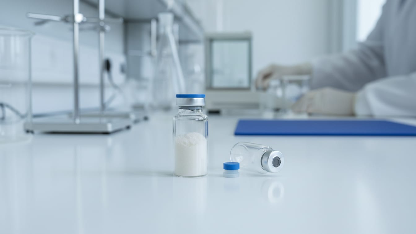 Illustration: A clear glass vial with lyophilized powder and an empty vial with its stopper removed on a white bench.