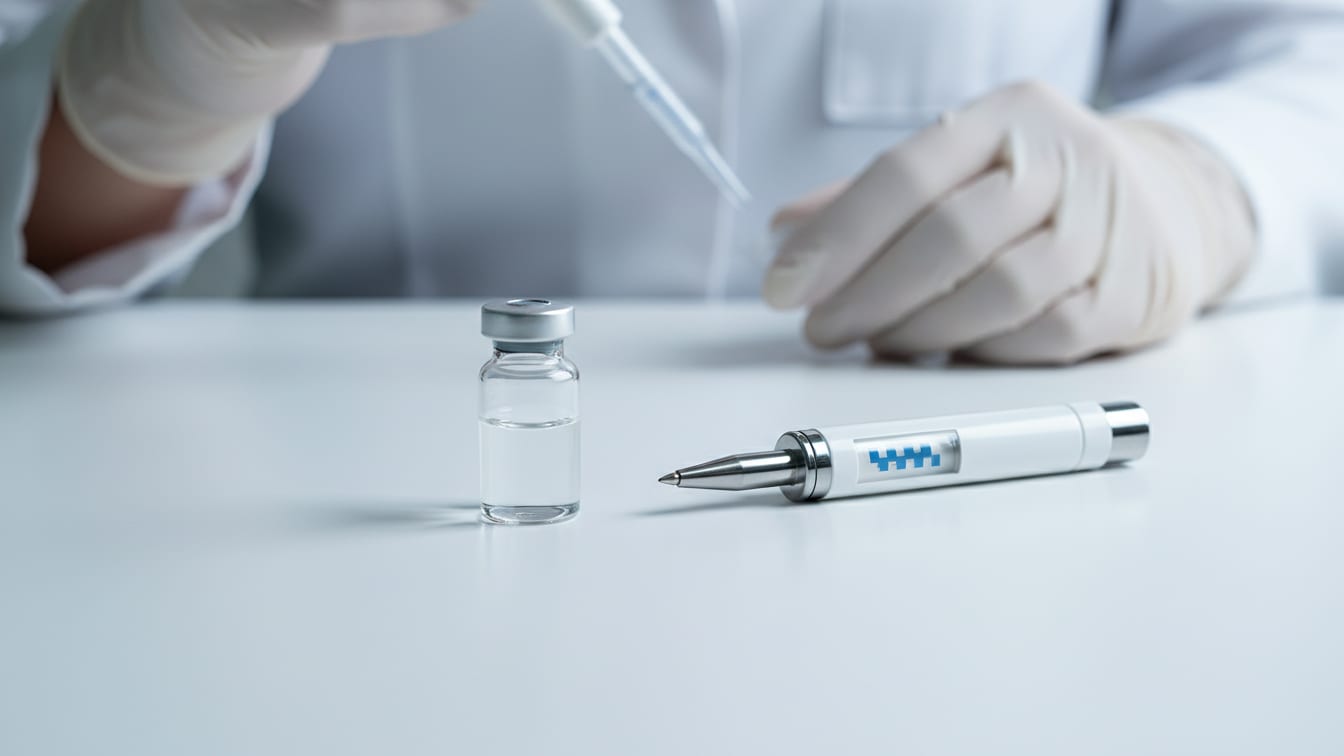 Illustration: A clear glass vial with liquid and an autoinjector pen on a white surface.