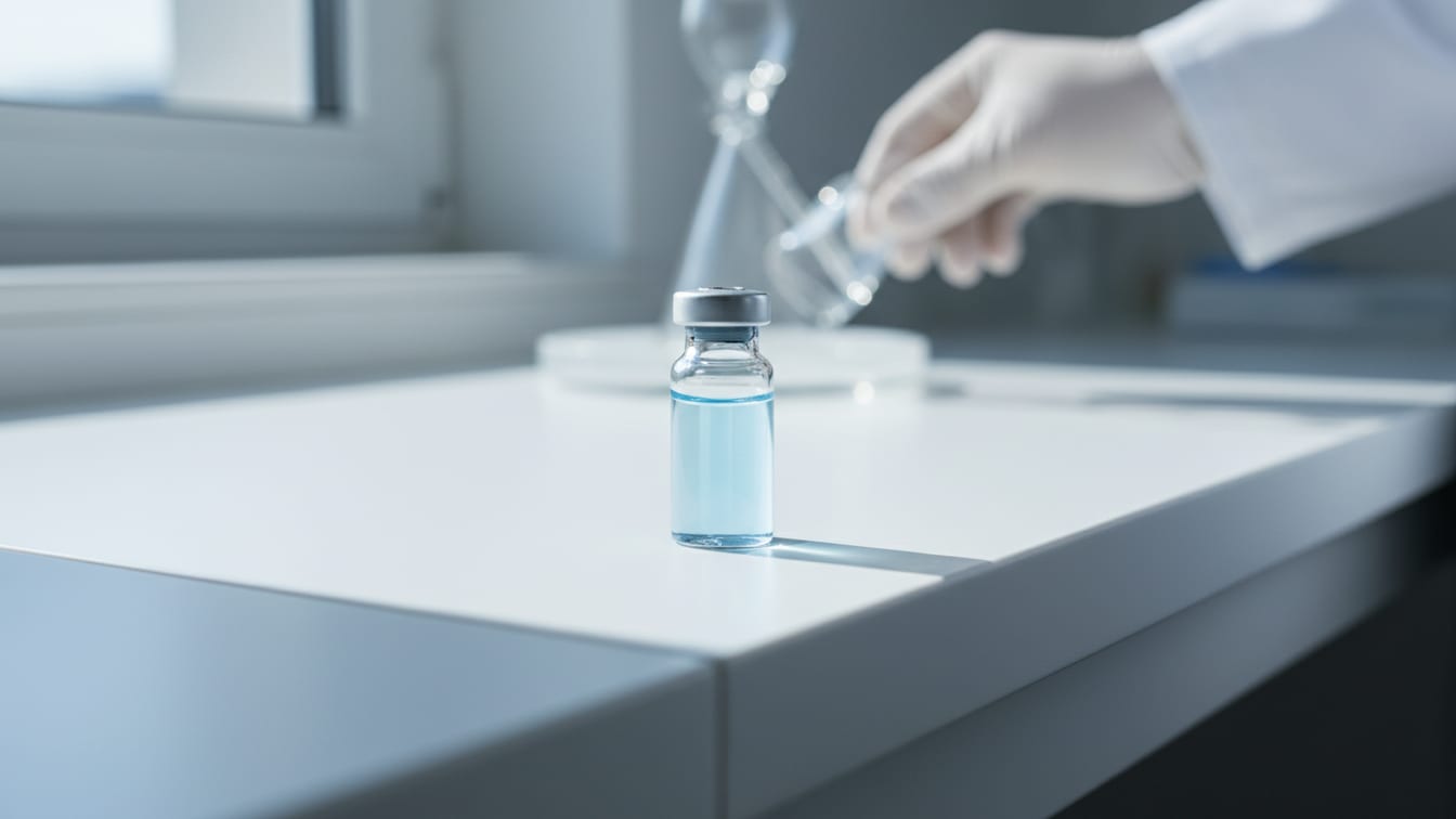 Illustration: A clear glass vial with pale blue liquid on a white lab bench, softly lit.