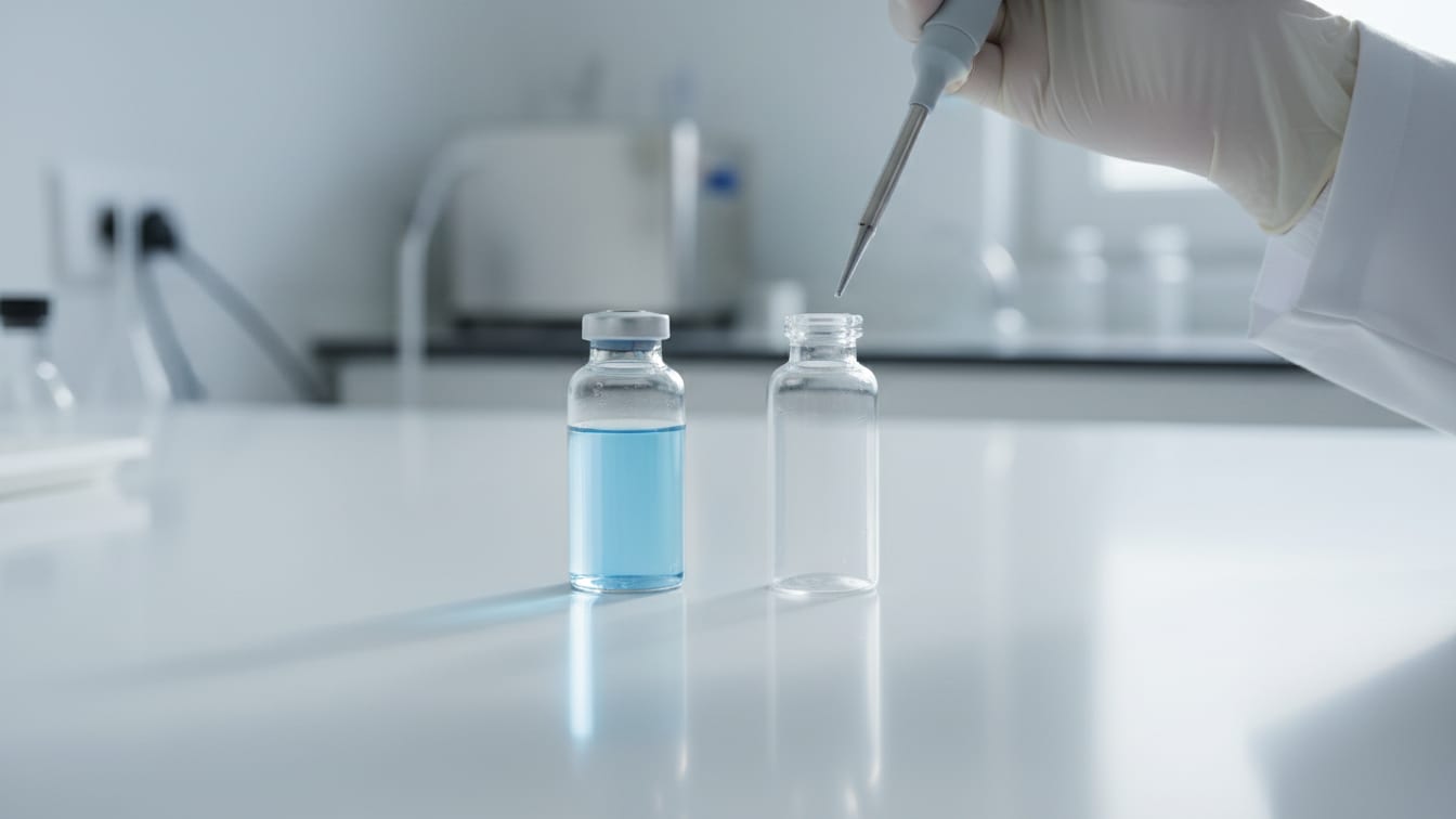 Illustration: Two clear glass vials, one with pale blue liquid and one empty, on a white lab bench.