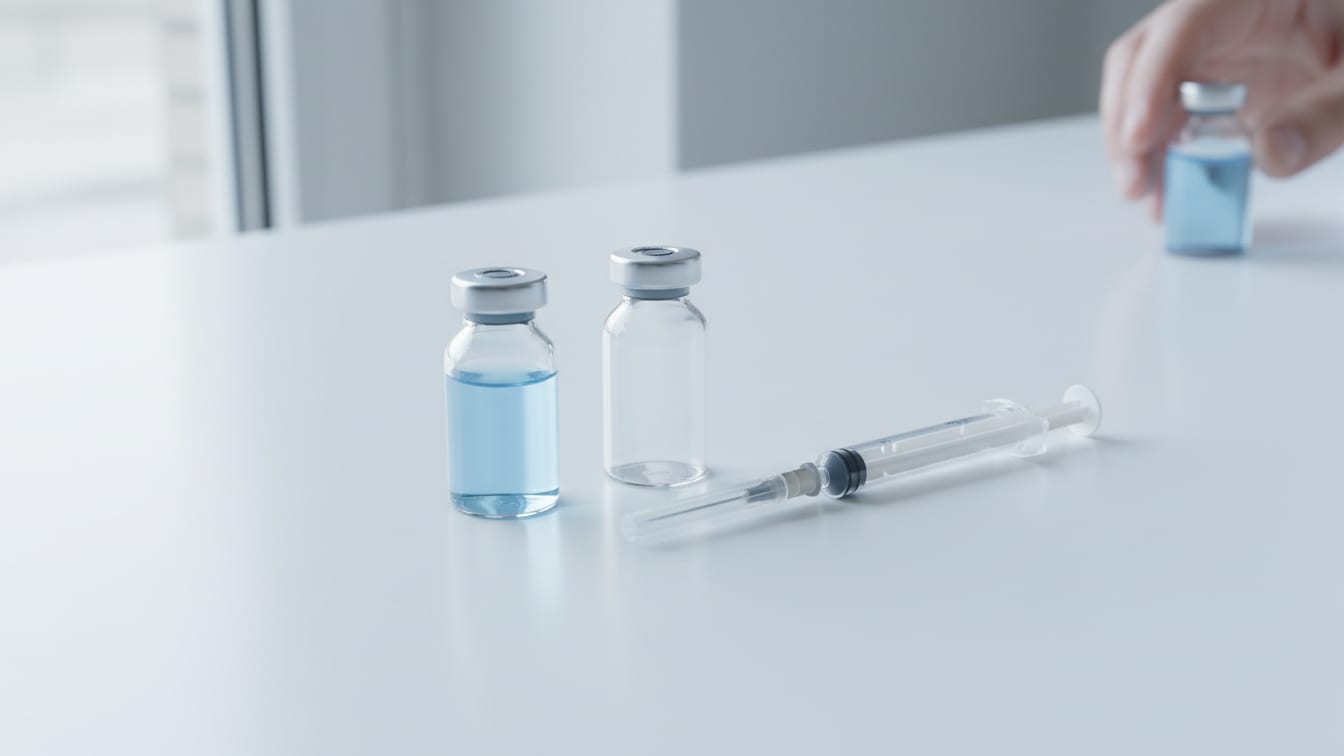 Illustration: A clear glass vial with pale blue liquid, an empty vial, and an insulin syringe on a white surface.