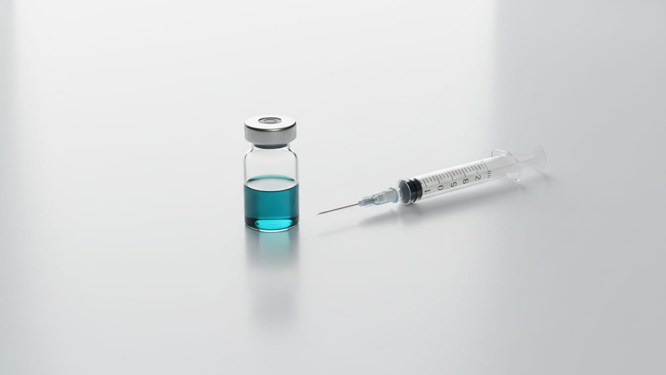 Illustration: A clear glass vial with blue liquid and an insulin syringe on a white surface.
