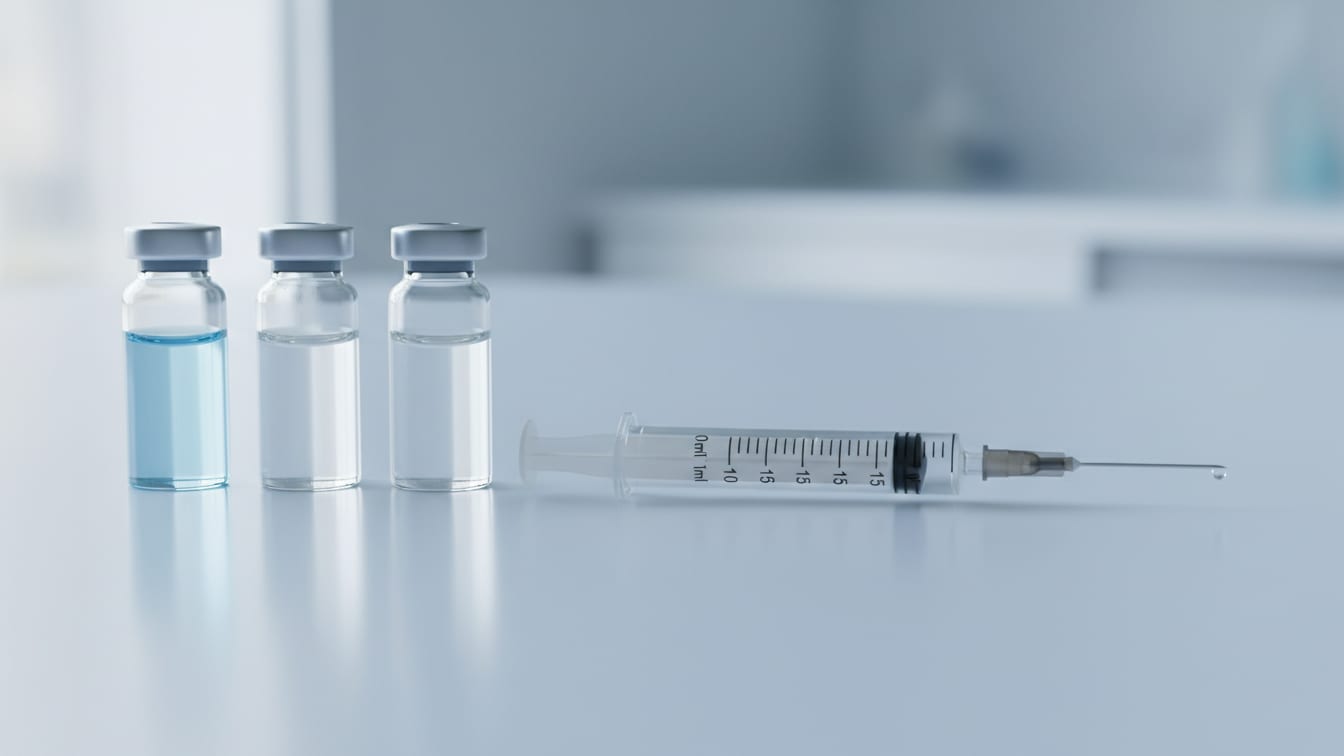 Illustration: An insulin syringe beside three clear glass vials with varying liquid levels on a white surface.