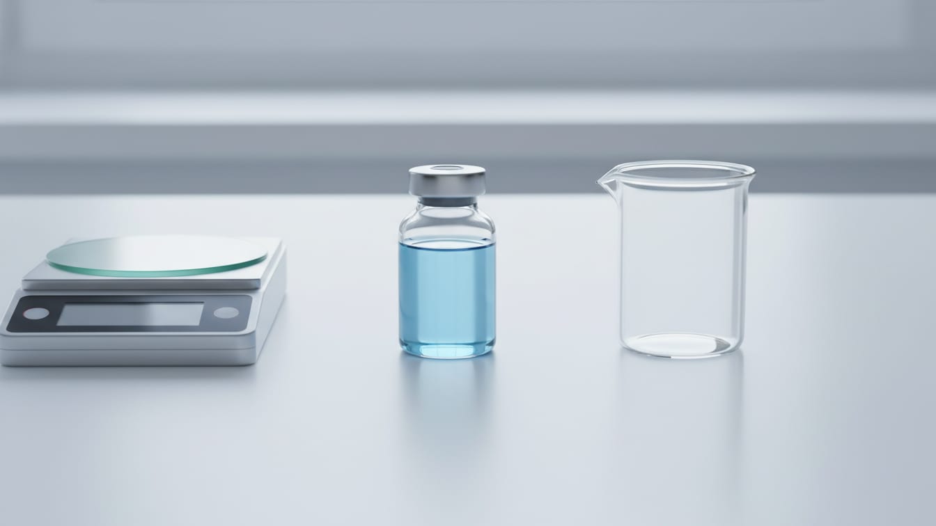 Illustration: A digital scale, a glass vial with pale blue liquid, and an empty beaker on a white surface.