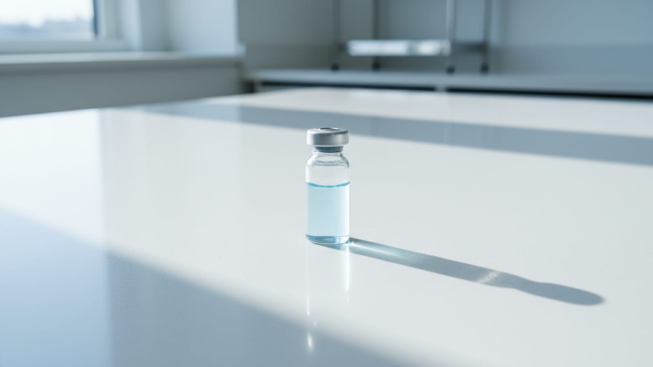 Illustration: A clear glass vial with pale blue liquid on a white surface, featuring soft shadows.