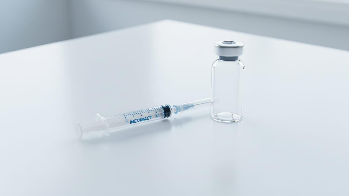 Illustration: A U-100 insulin syringe and an empty clear glass vial on a white surface.