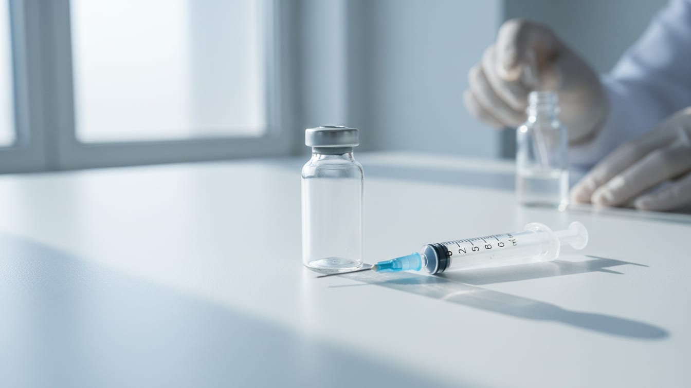 Illustration: An empty clear glass vial and an insulin syringe with depressed plunger on a white laboratory bench.