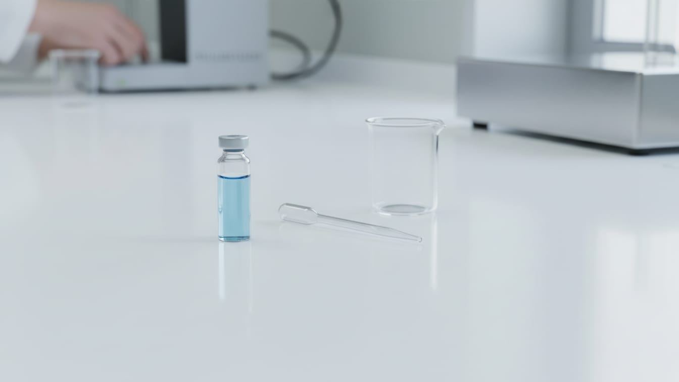 Illustration: A clear glass vial with pale blue liquid, a pipette, and an empty beaker on a white lab bench.
