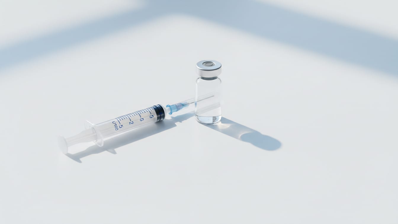 Illustration: A U-100 insulin syringe and a small clear glass vial on a white surface.