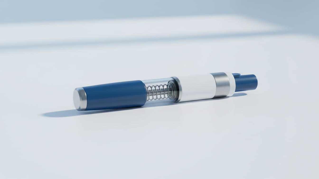 Illustration: An unbranded pen injector without labels or numbers, resting on a white surface in soft, even light.