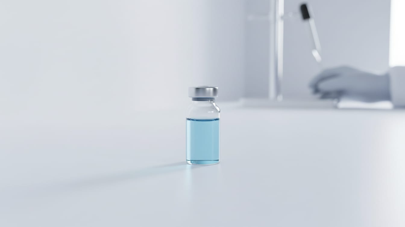 Illustration: A clear glass vial with pale blue liquid on a white surface, precisely lit.