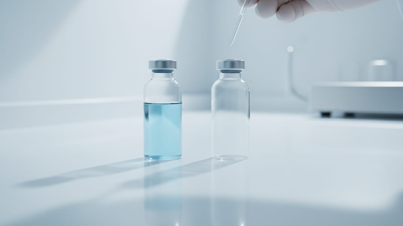 Illustration: A clear glass vial of water and an empty clear glass vial on a white lab bench.