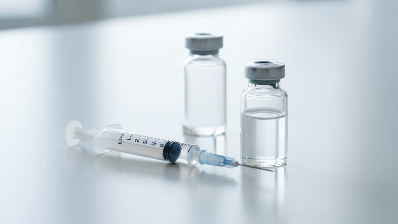 Illustration: A partially filled vial, an empty vial, and an insulin syringe on a white surface.