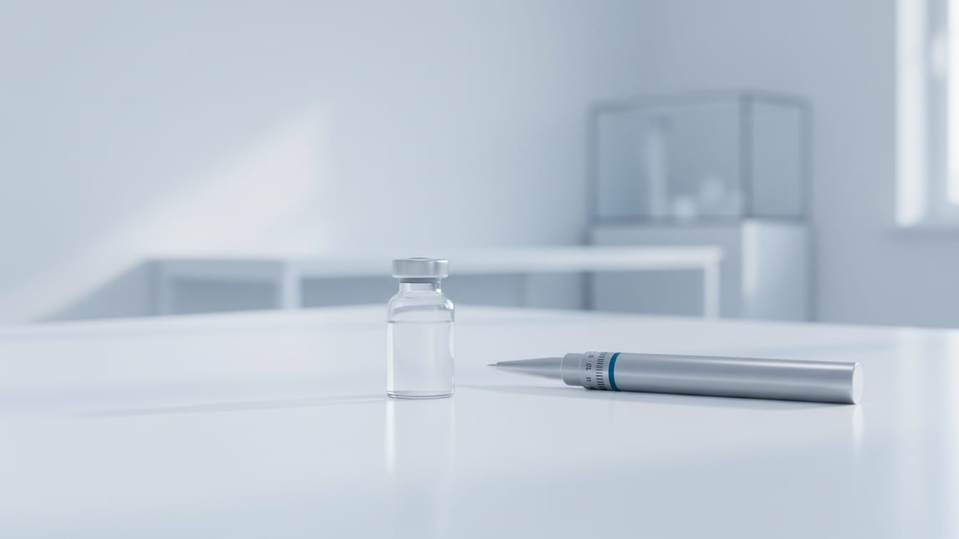 Illustration: An empty glass vial next to a pen-injector on a white surface, bathed in soft, even light.