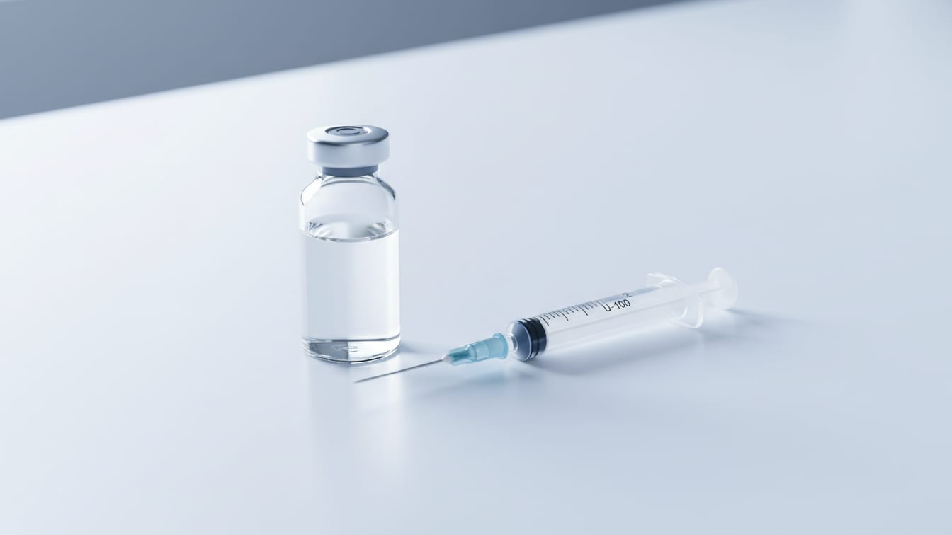 Illustration: A partially filled glass vial and an insulin syringe on a white surface.