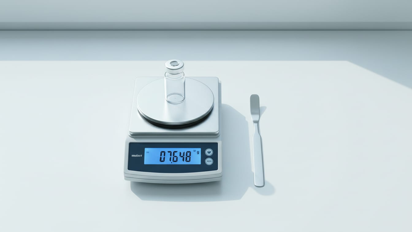 Illustration: A digital scale with an empty glass vial and a spatula on a white surface.
