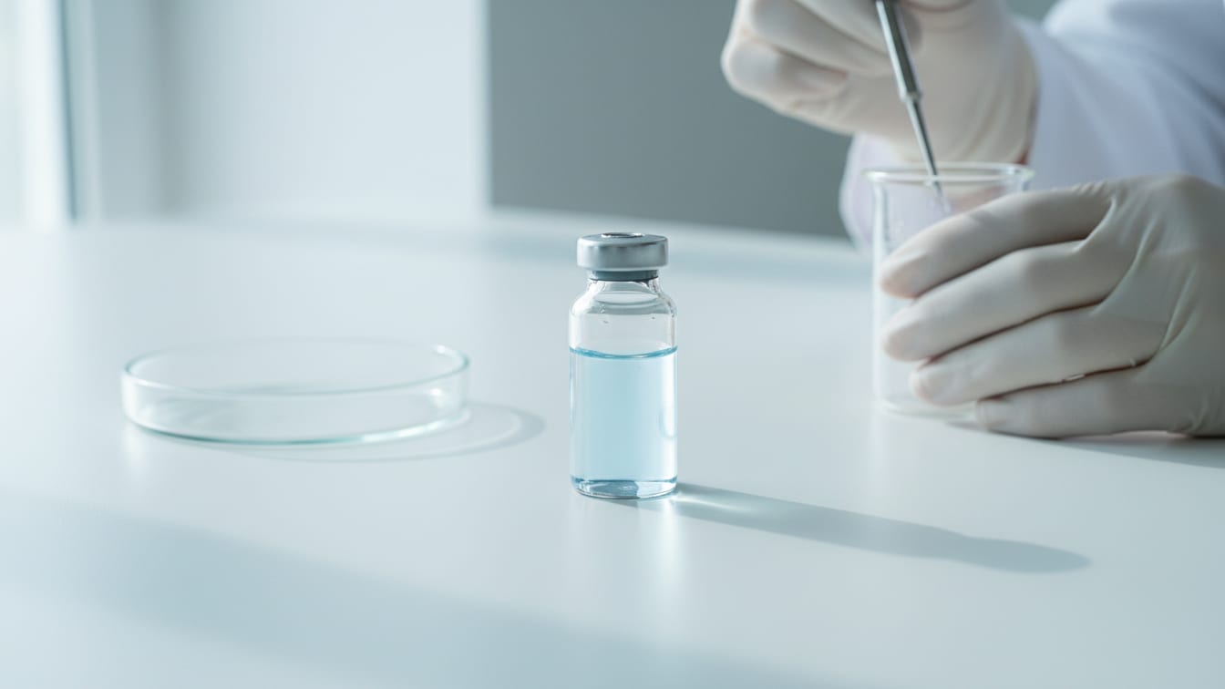 Illustration: A clear glass vial with pale blue liquid on a white lab bench.