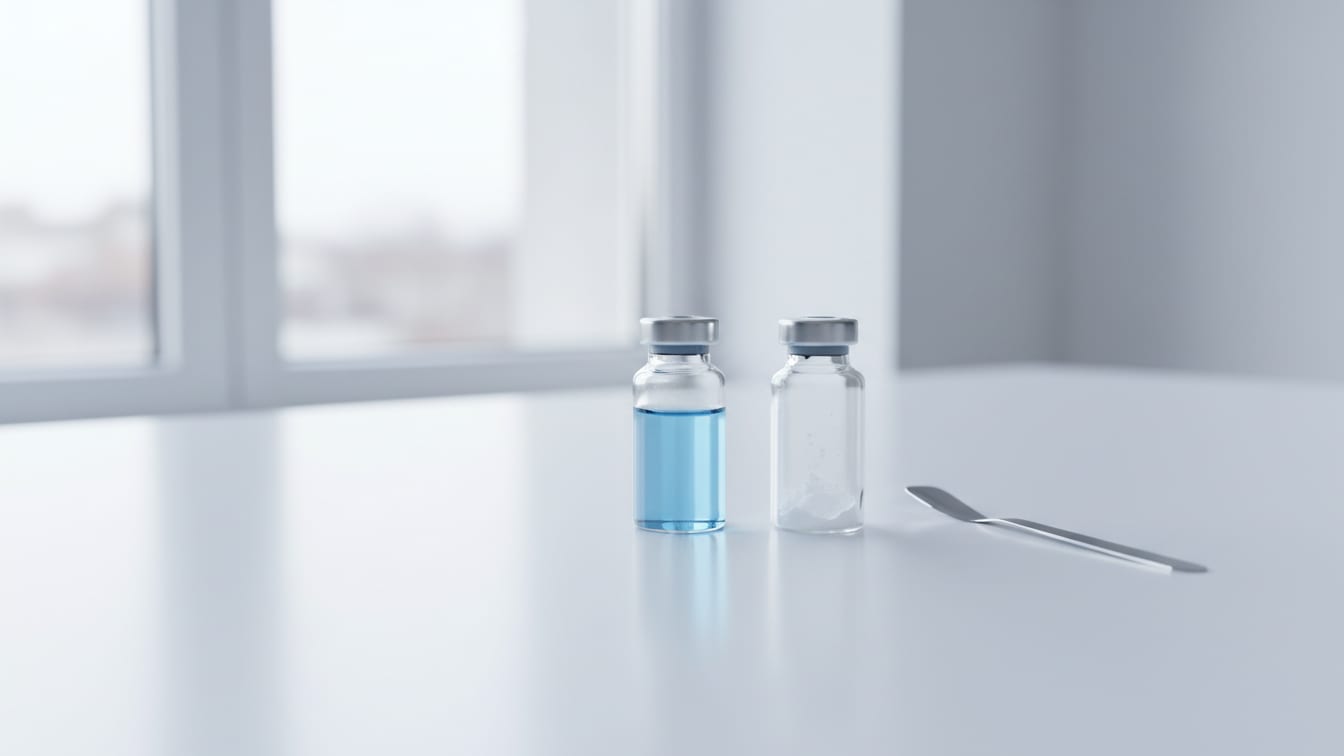 Illustration: Two clear glass vials, one with pale blue liquid, one empty, on a white lab bench.