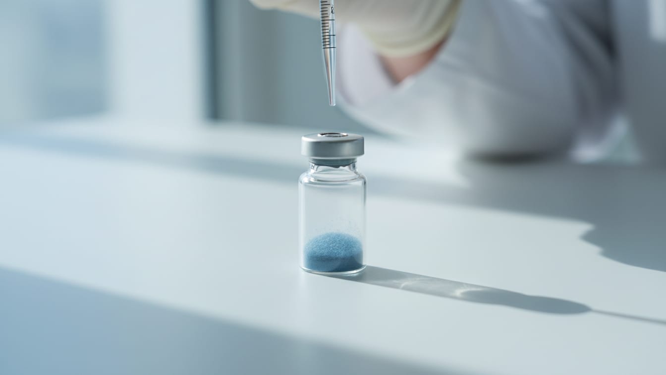 Illustration: A clear glass vial of lyophilized powder on a white bench.