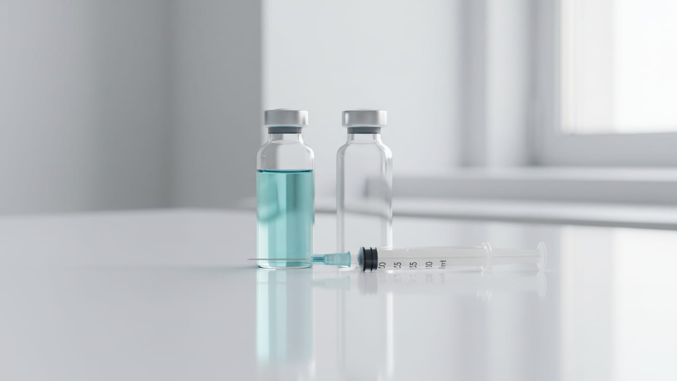 Illustration: Two clear glass vials, one with pale blue liquid, one empty, and an insulin syringe on a white surface.
