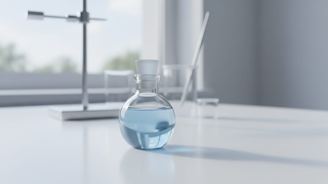 Illustration: A clear glass vial with pale blue liquid on a white surface, softly lit.