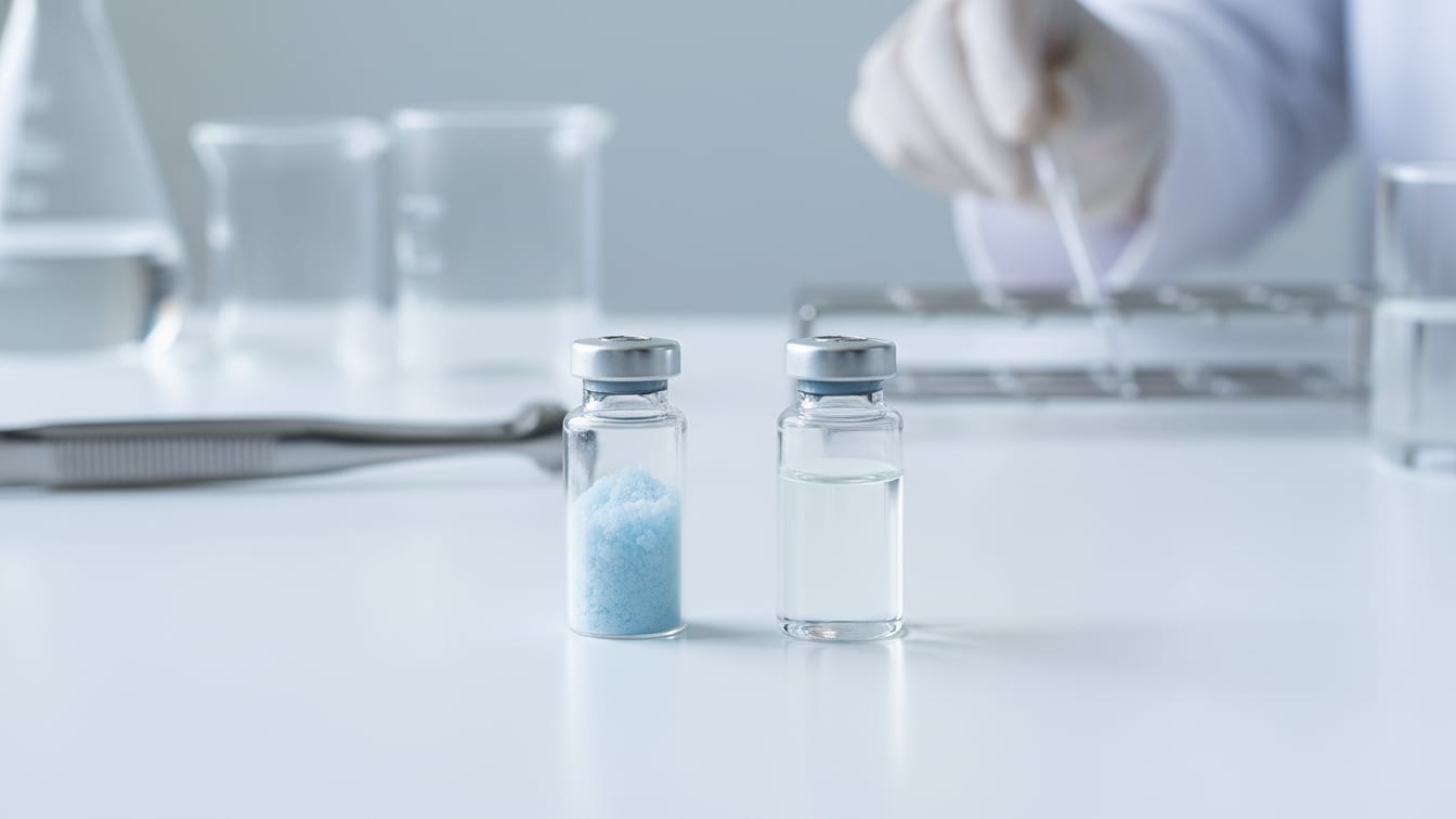 Illustration: Two clear glass vials, one with powder, one with water, on a white lab bench.