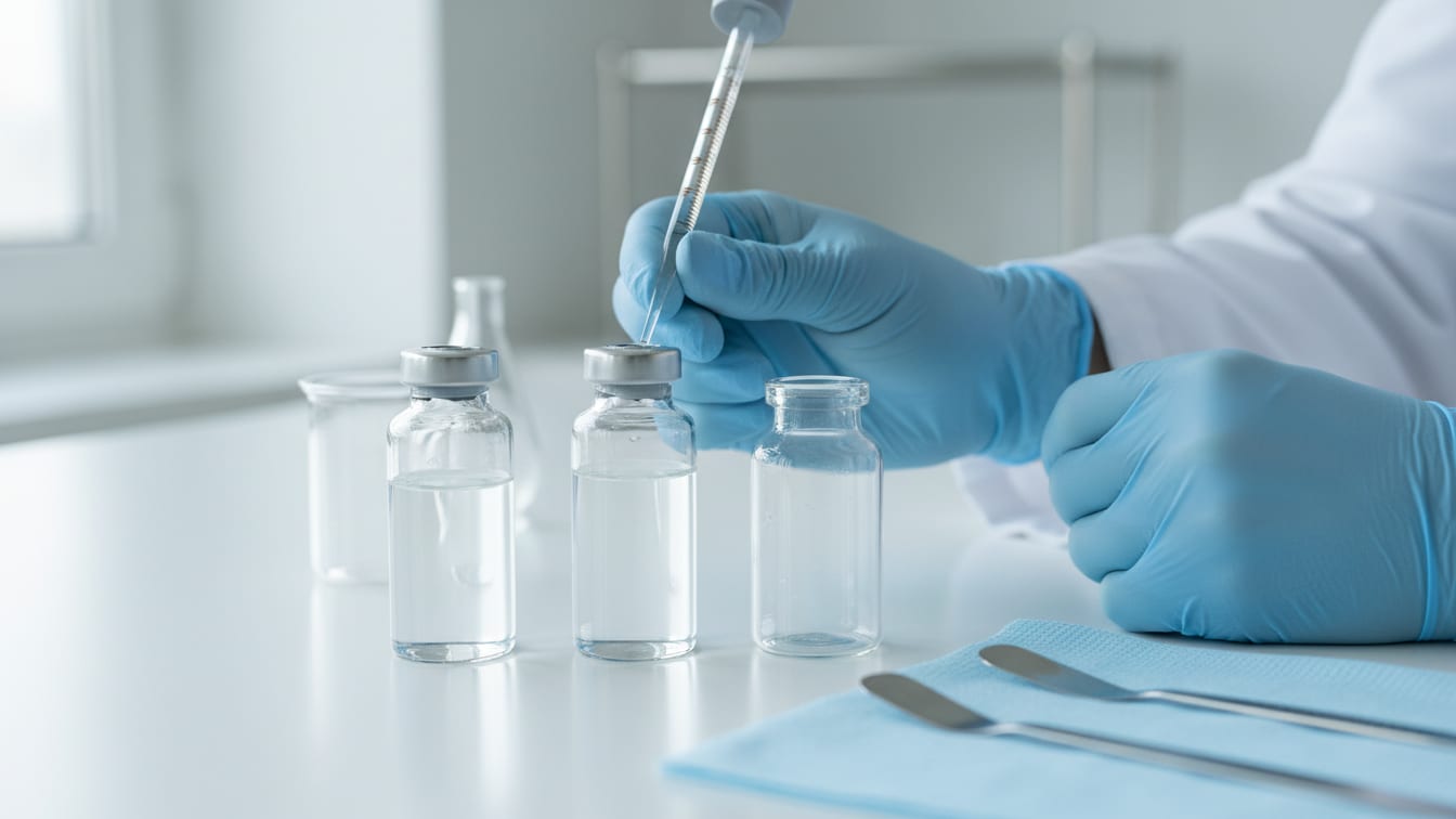 Illustration: Two clear glass vials, one with water and one empty, on a white lab bench.