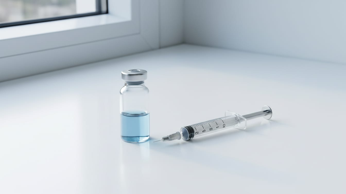 Illustration: A clear glass vial with pale blue liquid and a graduated syringe on a white lab bench.