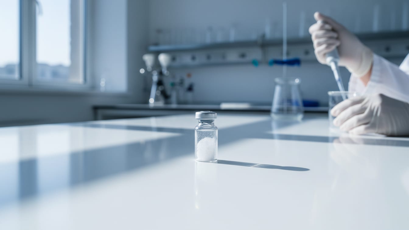 Illustration: A clear glass vial with white lyophilized powder on a white lab bench.