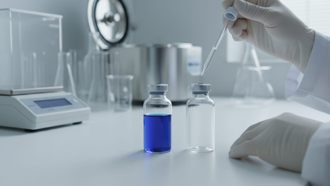Illustration: Two clear glass vials on a white bench, one with blue liquid, one empty.