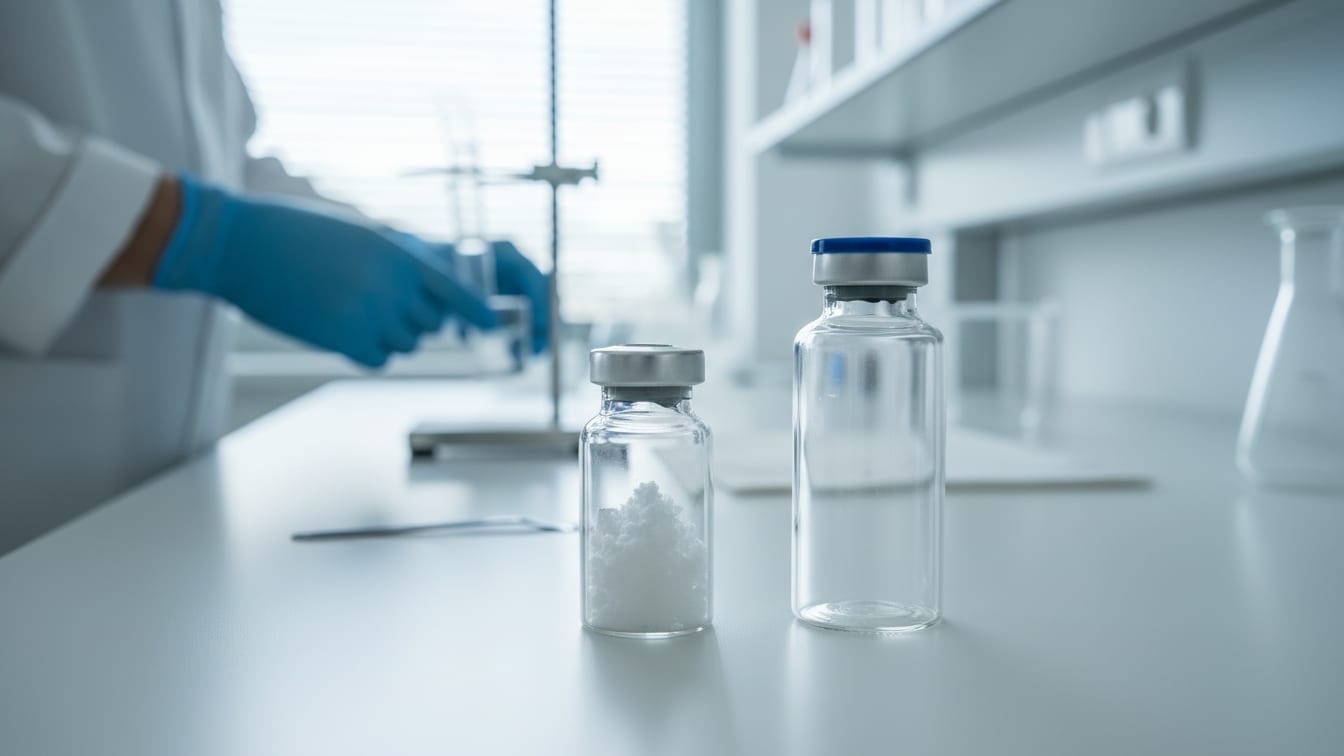 Illustration: A small vial of white lyophilized powder next to a larger, empty, stoppered glass vial on a white surface.